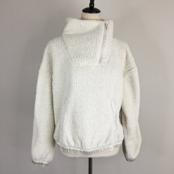 ATHLETA Ivory Asym Zip Collar Satin Trim Fur Fluffy Pullover Jacket - Picture 6 of 12